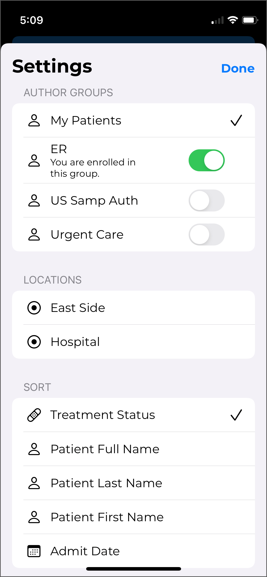 Inpatient Sort Options